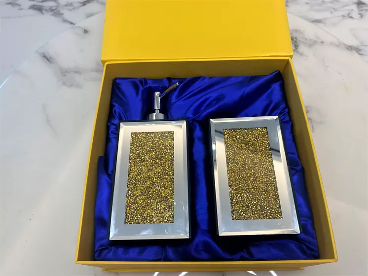 Two Piece Gold And Mirrored Glass Bling Bathroom Accessory Set