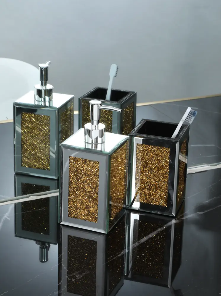 Two Piece Gold And Mirrored Glass Bling Bathroom Accessory Set