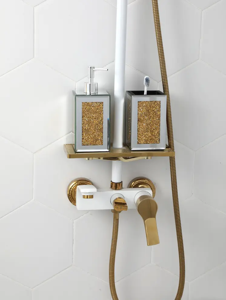 Two Piece Gold And Mirrored Glass Bling Bathroom Accessory Set