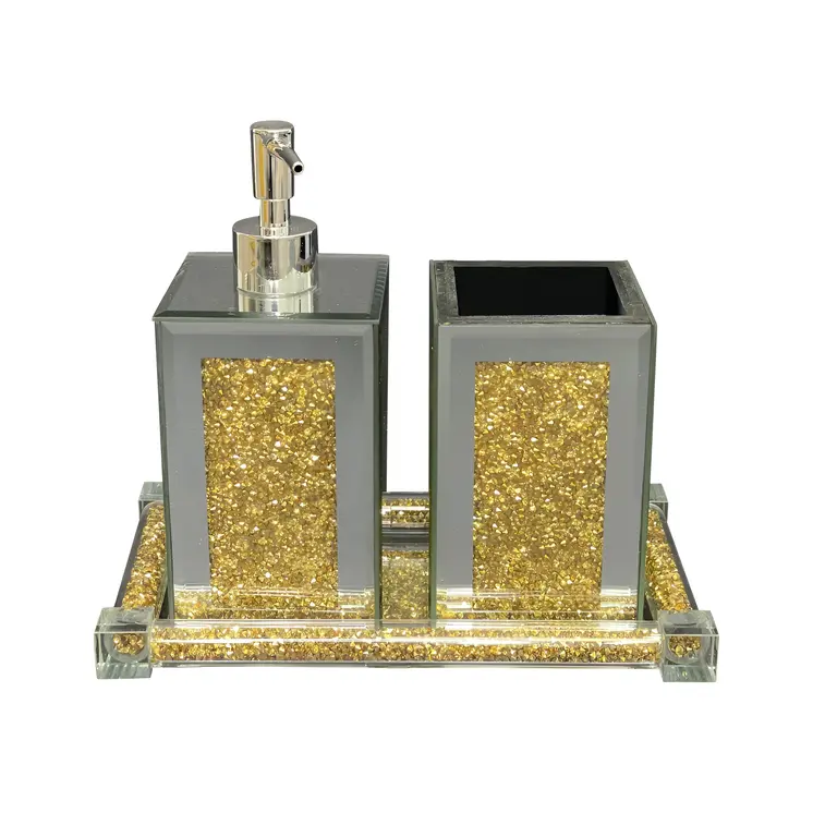 Three Piece Clear and Gold Mirrored Glass Bling Bathroom Accessory Set