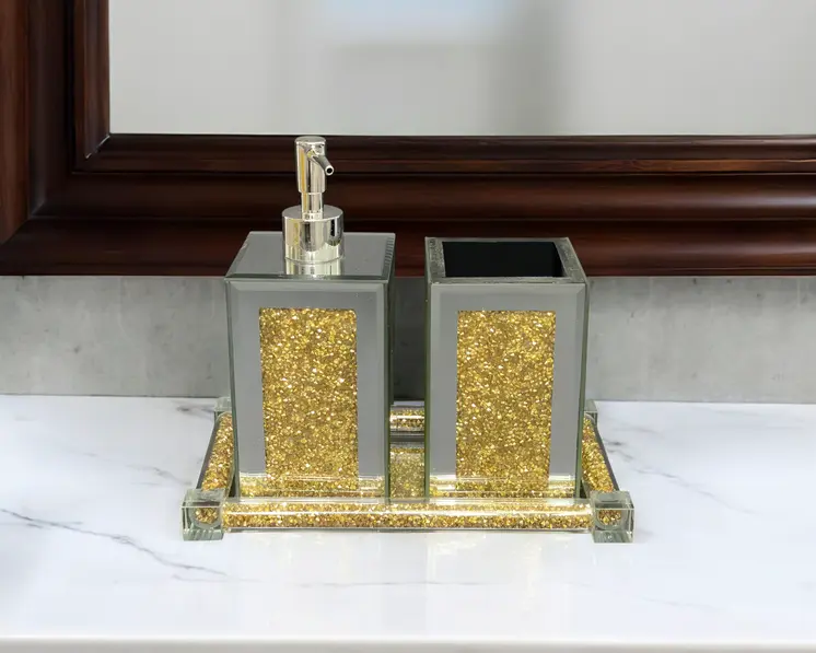 Three Piece Clear and Gold Mirrored Glass Bling Bathroom Accessory Set