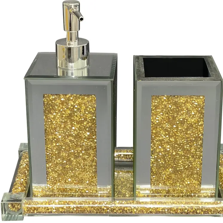 Three Piece Clear and Gold Mirrored Glass Bling Bathroom Accessory Set