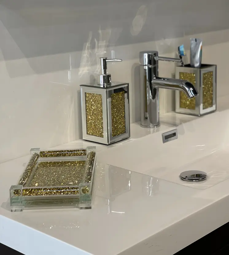 Three Piece Clear and Gold Mirrored Glass Bling Bathroom Accessory Set