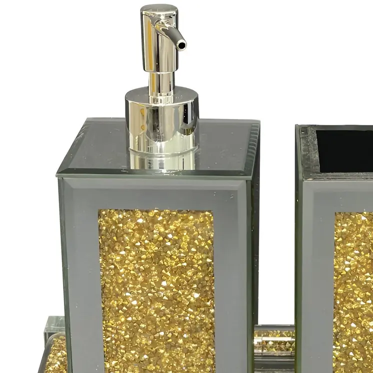 Three Piece Clear and Gold Mirrored Glass Bling Bathroom Accessory Set