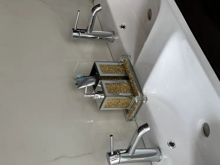 Three Piece Clear and Gold Mirrored Glass Bling Bathroom Accessory Set