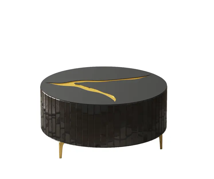 40" Black and Gold Mirrored Glass Round Coffee Table