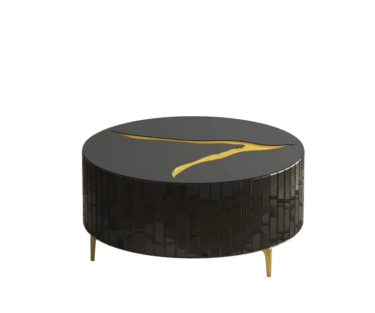 40" Black and Gold Mirrored Glass Round Coffee Table