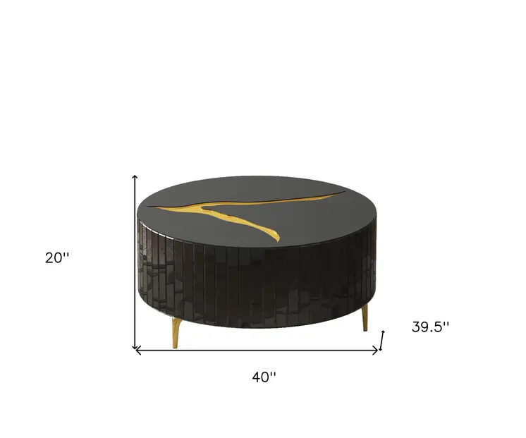 40" Black and Gold Mirrored Glass Round Coffee Table