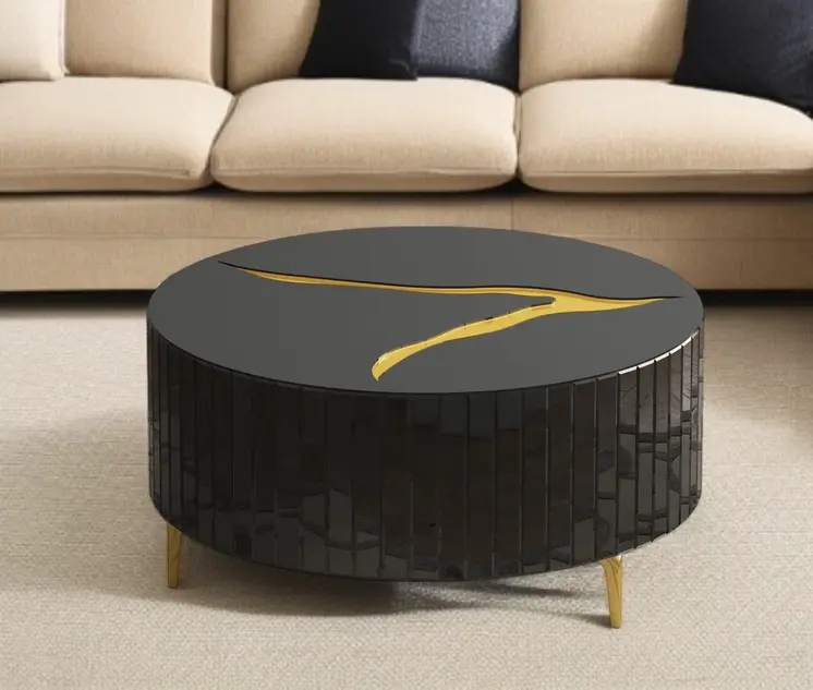 40" Black and Gold Mirrored Glass Round Coffee Table