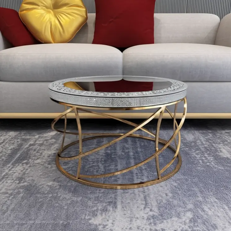 36" Silver and Gold Mirrored Glass Faux Crystal and Stainless Steel Round Frame Coffee Table