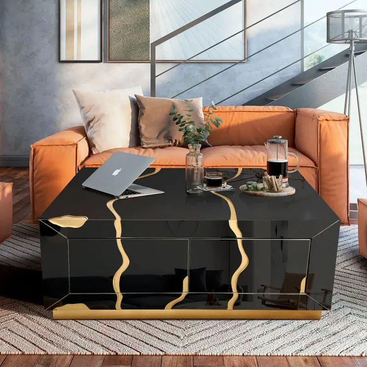 40" Black and Gold Wood Solid Base Coffee Table With Drawers