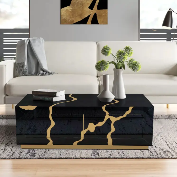 40" Black and Gold Wood Solid Base Coffee Table With Drawers