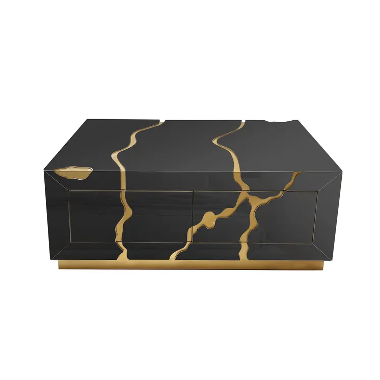 40" Black and Gold Wood Solid Base Coffee Table With Drawers