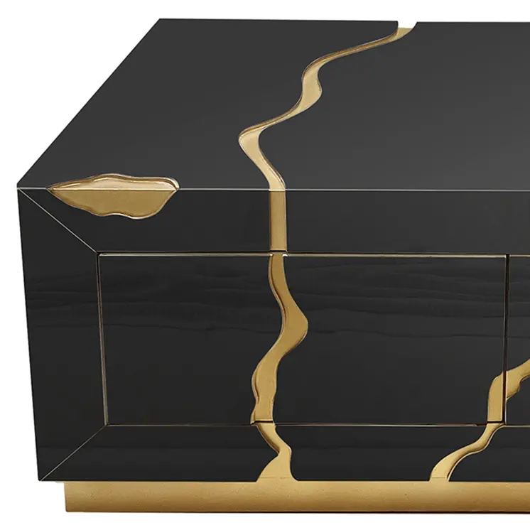 40" Black and Gold Wood Solid Base Coffee Table With Drawers