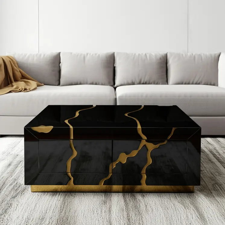 40" Black and Gold Wood Solid Base Coffee Table With Drawers