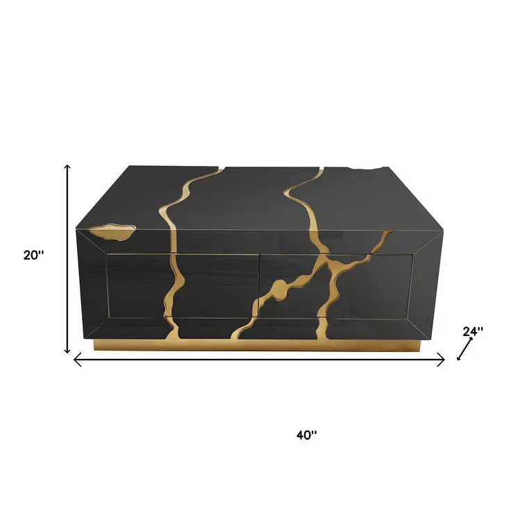 40" Black and Gold Wood Solid Base Coffee Table With Drawers
