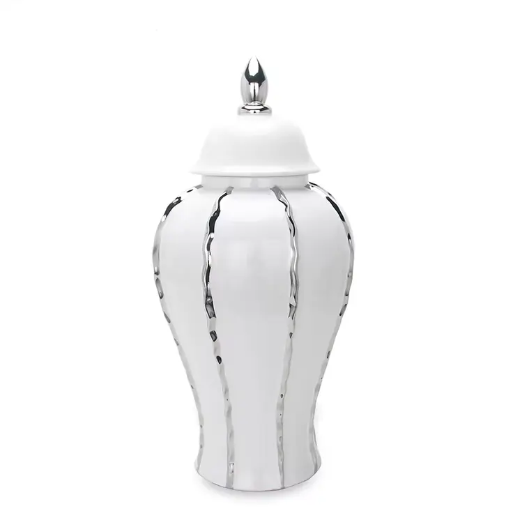 19" White And Silver Striped Urn Crystal Ginger Jar