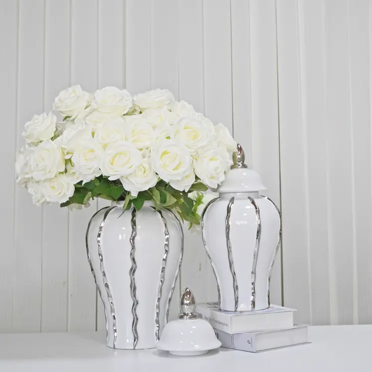 19" White And Silver Striped Urn Crystal Ginger Jar