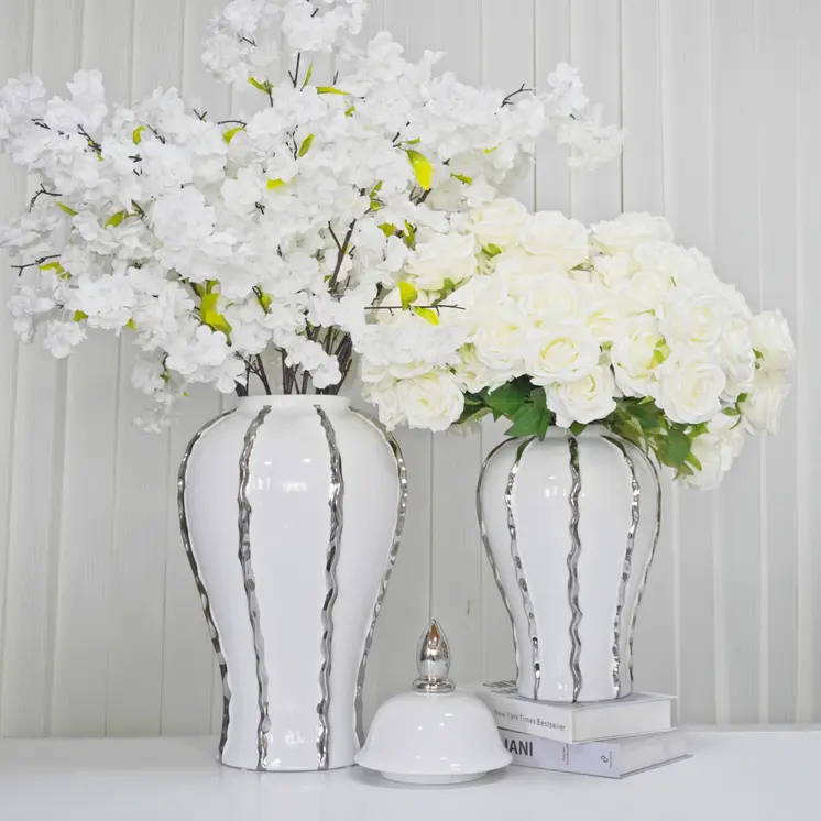 19" White And Silver Striped Urn Crystal Ginger Jar