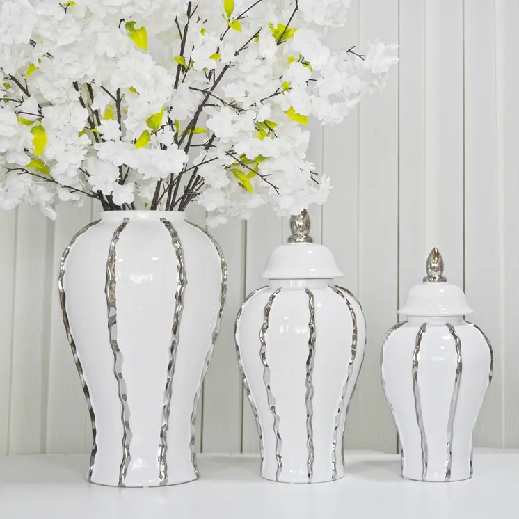 19" White And Silver Striped Urn Crystal Ginger Jar