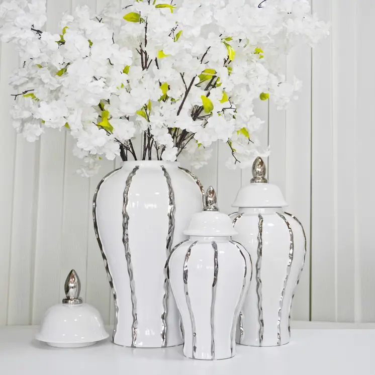 25" White And Silver Striped Urn Crystal Ginger Jar