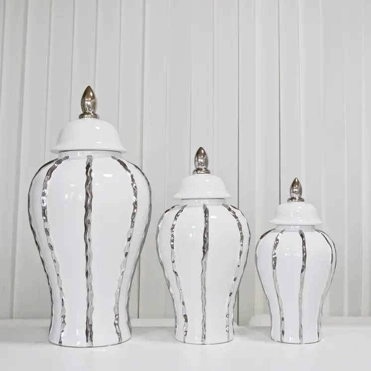 25" White And Silver Striped Urn Crystal Ginger Jar