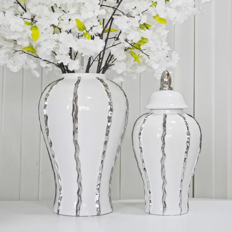 25" White And Silver Striped Urn Crystal Ginger Jar