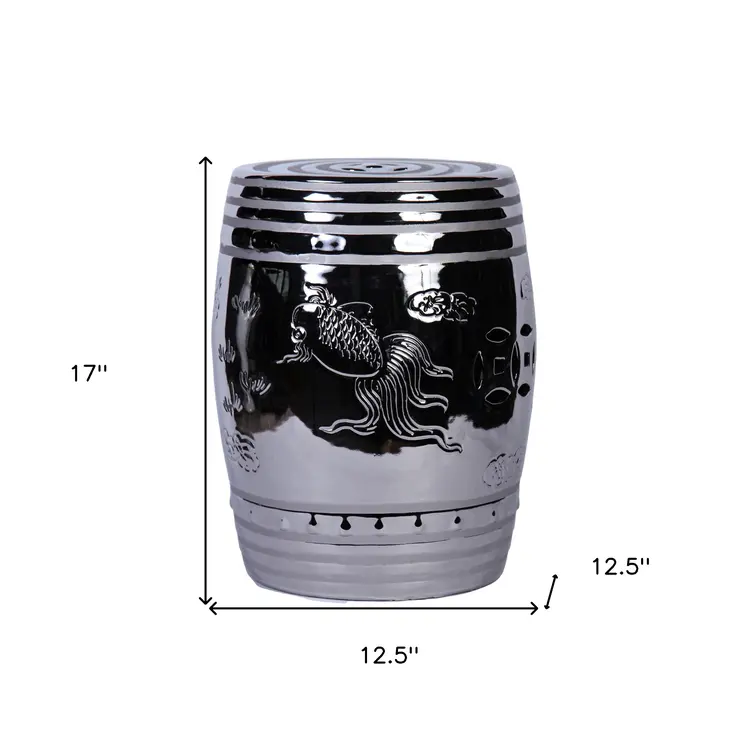 17" Silver Chrome Plated Ceramic Round Drum End Table