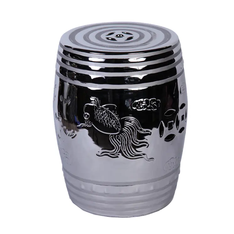 17" Silver Chrome Plated Ceramic Round Drum End Table