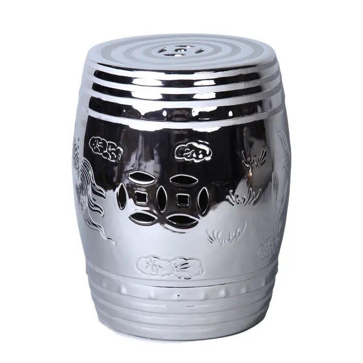 17" Silver Chrome Plated Ceramic Round Drum End Table
