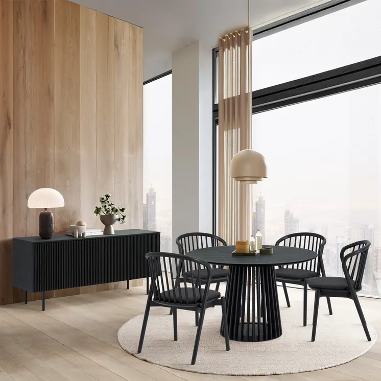 Six Piece Black Round Dining Set with Four Chairs and Sideboard