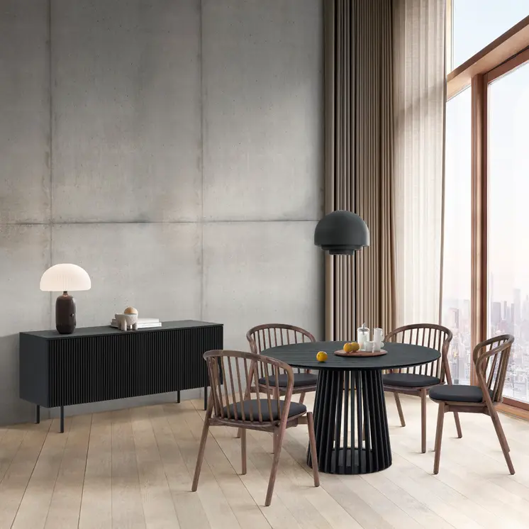 Six Piece Black Round Dining Set with Four Chairs and Sideboard