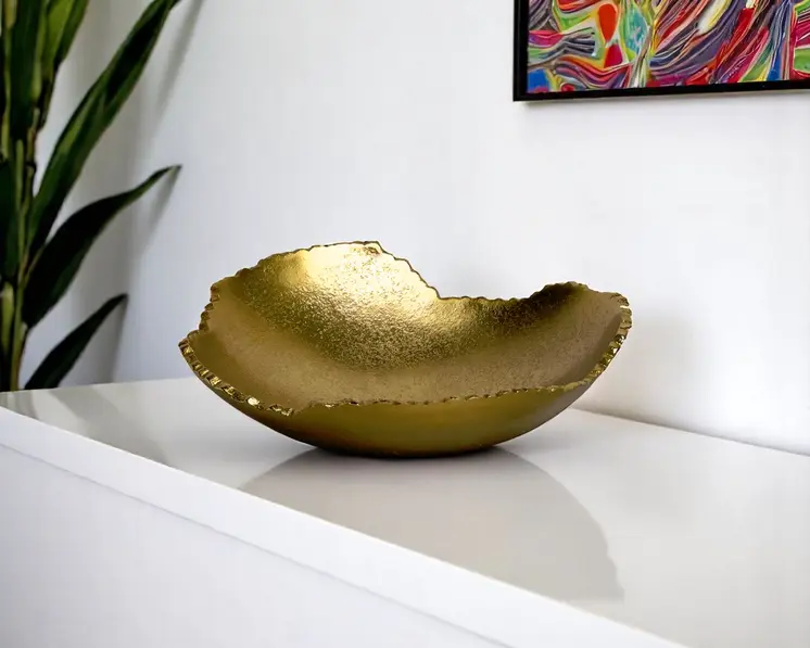 9" Gold Aluminum Torn Edge Organic Shaped Serving Bowl