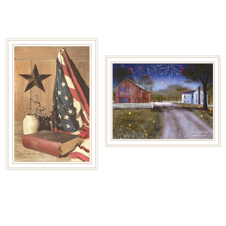 Set Of Two Star Spangled Night God And Country White Framed Wall Art