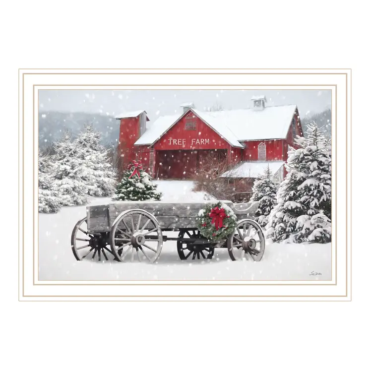 Tree Farm Wagon White Framed Wall Art