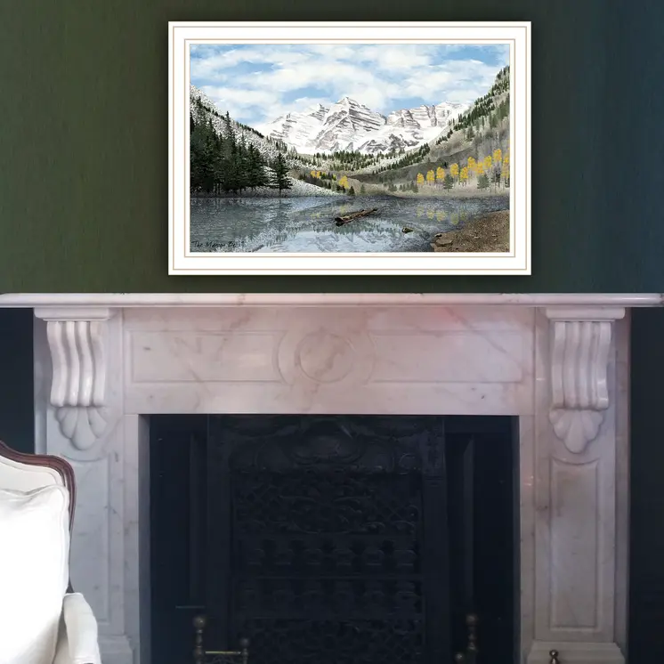 Snowy Mountain Landscape  White Framed Wall Art