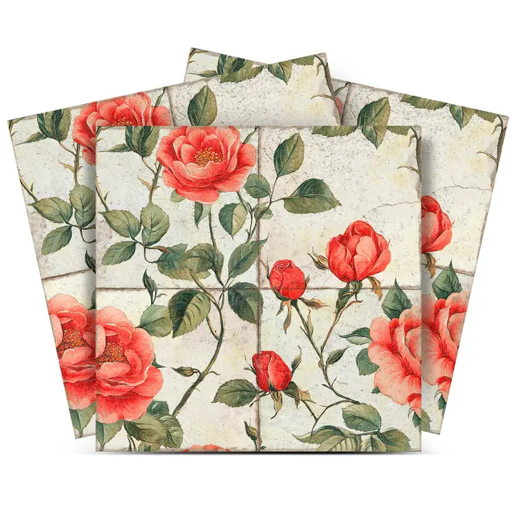 4" x 4" Red And Green Vinyl Arabesque Peel And Stick Removable Tiles