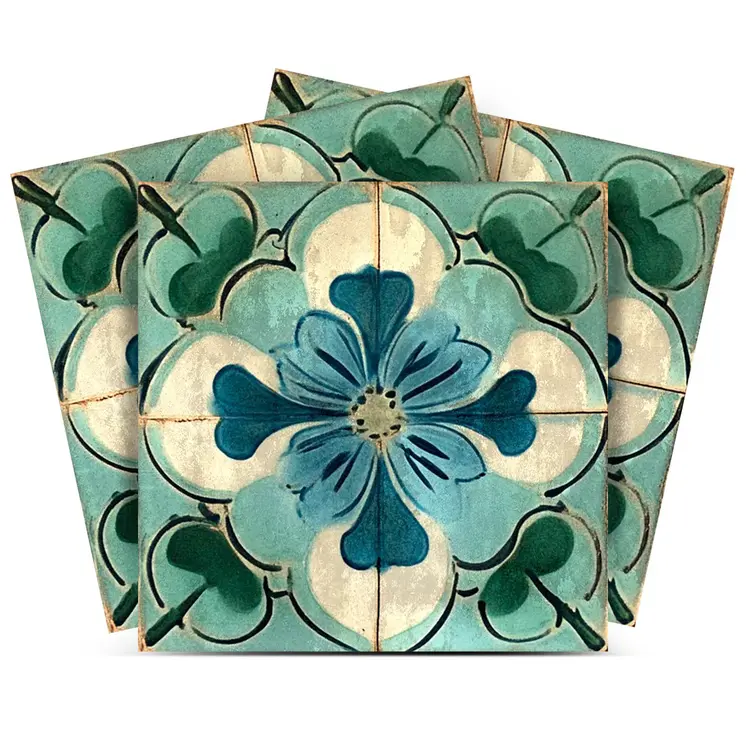 7" x 7" Blue And Green Vinyl Arabesque Peel And Stick Removable Tiles