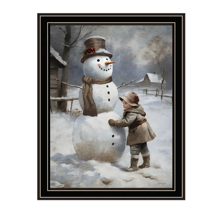 Boy Building A Snowman Black Framed Wall Art