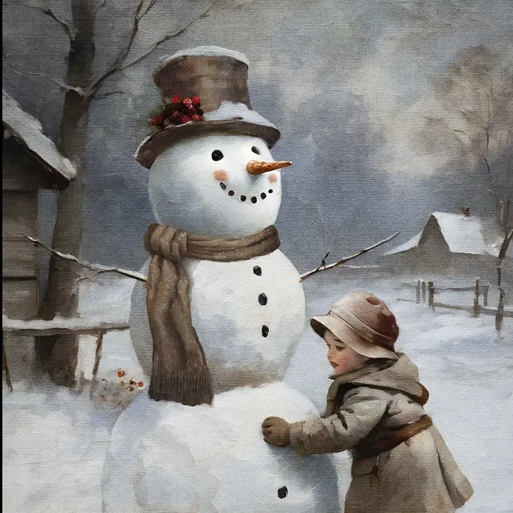 Boy Building A Snowman Black Framed Wall Art