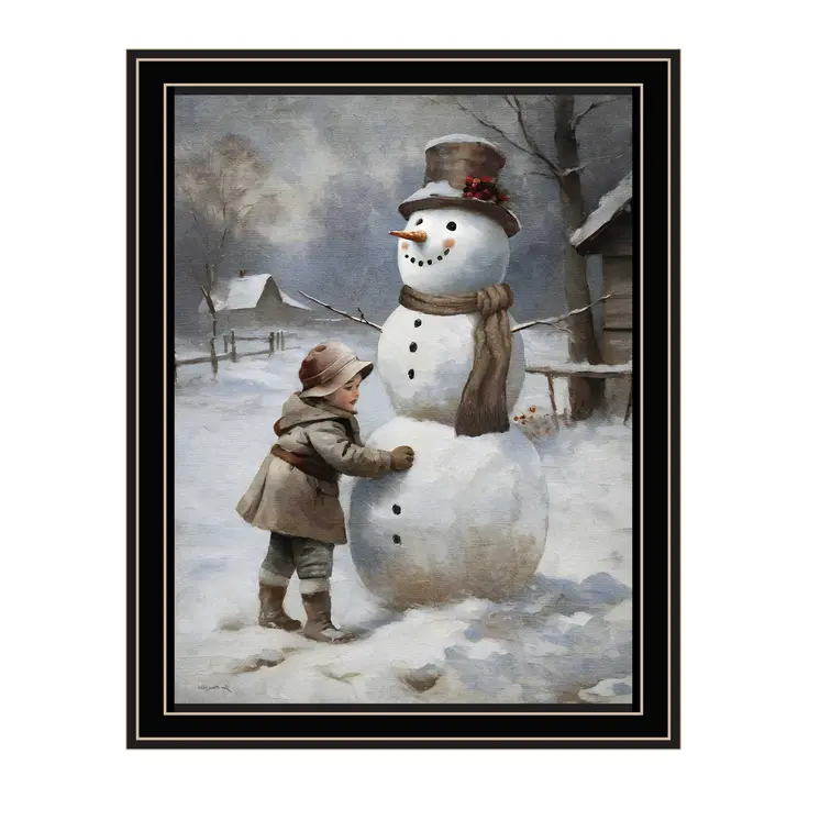 Boy Building A Snowman Black Framed Wall Art