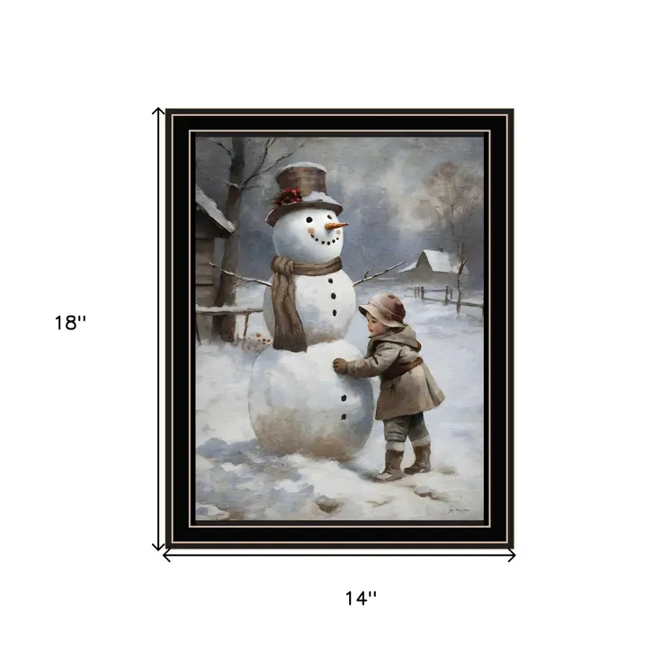 Boy Building A Snowman Black Framed Wall Art
