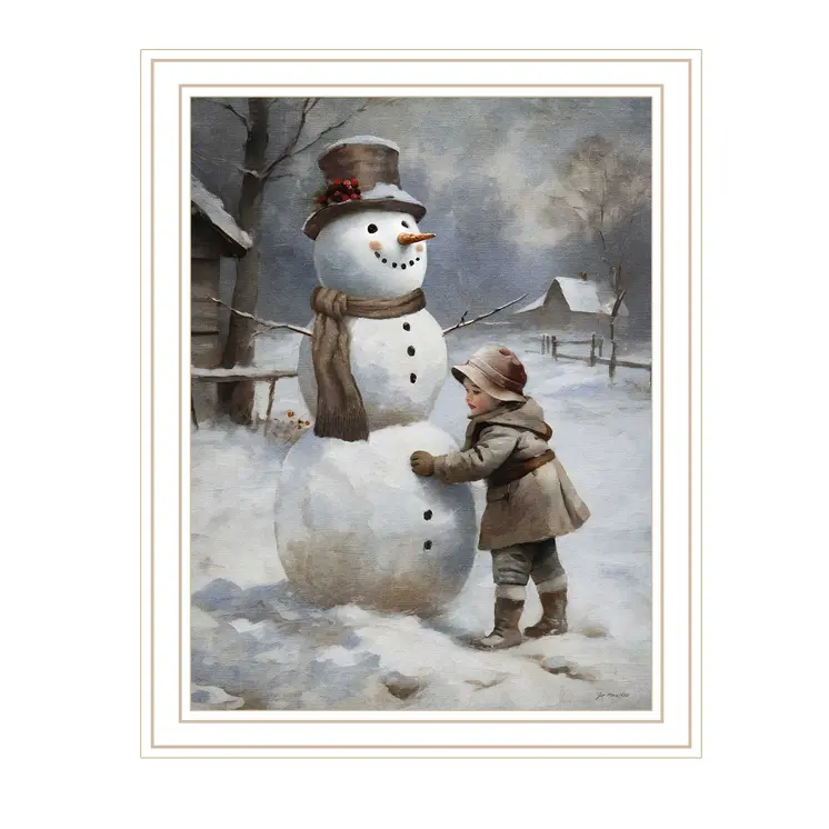 Boy Building A Snowman White Framed Wall Art