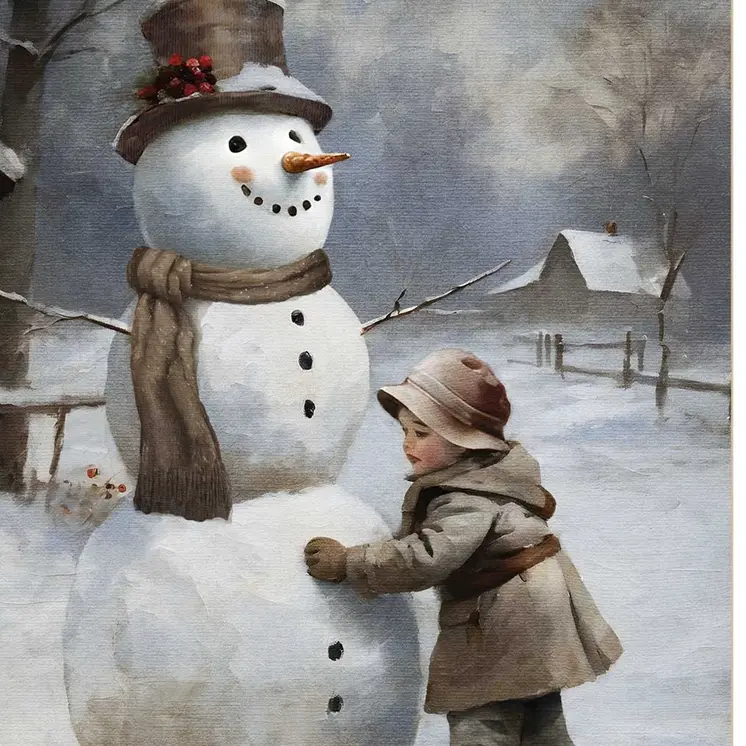 Boy Building A Snowman White Framed Wall Art