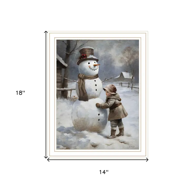 Boy Building A Snowman White Framed Wall Art