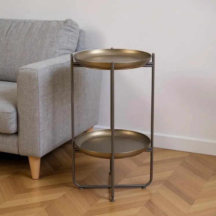 32" Bronze And Gray Steel Round Pedestal End Table