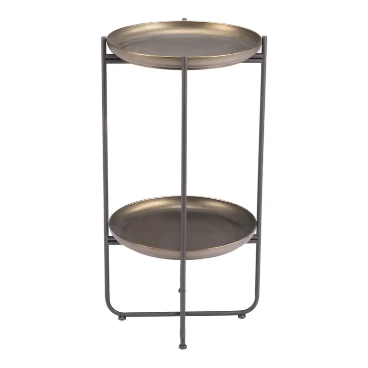 32" Bronze And Gray Steel Round Pedestal End Table