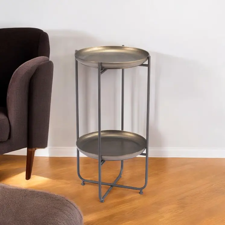 32" Bronze And Gray Steel Round Pedestal End Table