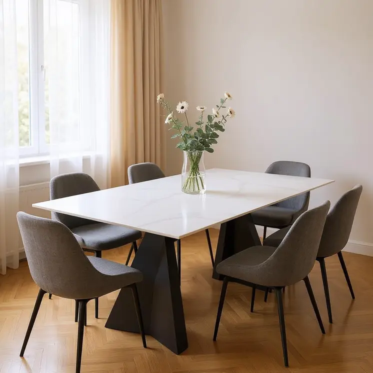 79" White and Black Faux Marble and Steel Double Pedestal Base Dining Table
