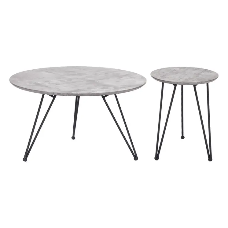 Set of Two Gray and Black Wood and Steel Round Nested Coffee Tables